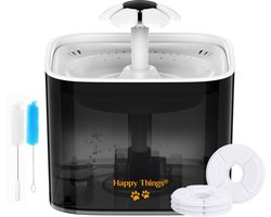 Happy Things - Drinkfontein Hond en Kat - Geruisloos - 2.5 L - Transparant Zwart met Goud - incl 4 Filters