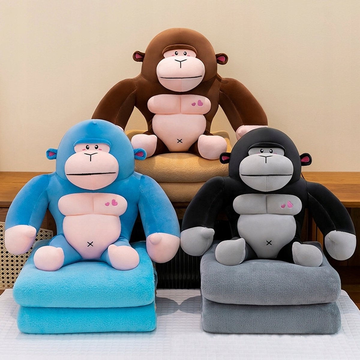 Bruine Gorilla Knuffel met Dekentje - 3-in-1 Safari Pluche