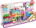 Jelly Blox Mega Pack verpakking met speelgoed en afbeelding van spelende kinderen. Zachte, transparante bouwblokken gevuld met gekleurde bolletjes. Verkrijgbaar in diverse kleuren.