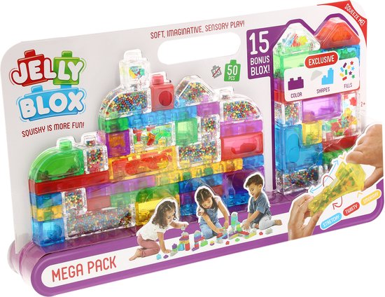 Jelly Blox Mega Pack verpakking met speelgoed en afbeelding van spelende kinderen. Zachte, transparante bouwblokken gevuld met gekleurde bolletjes. Verkrijgbaar in diverse kleuren.