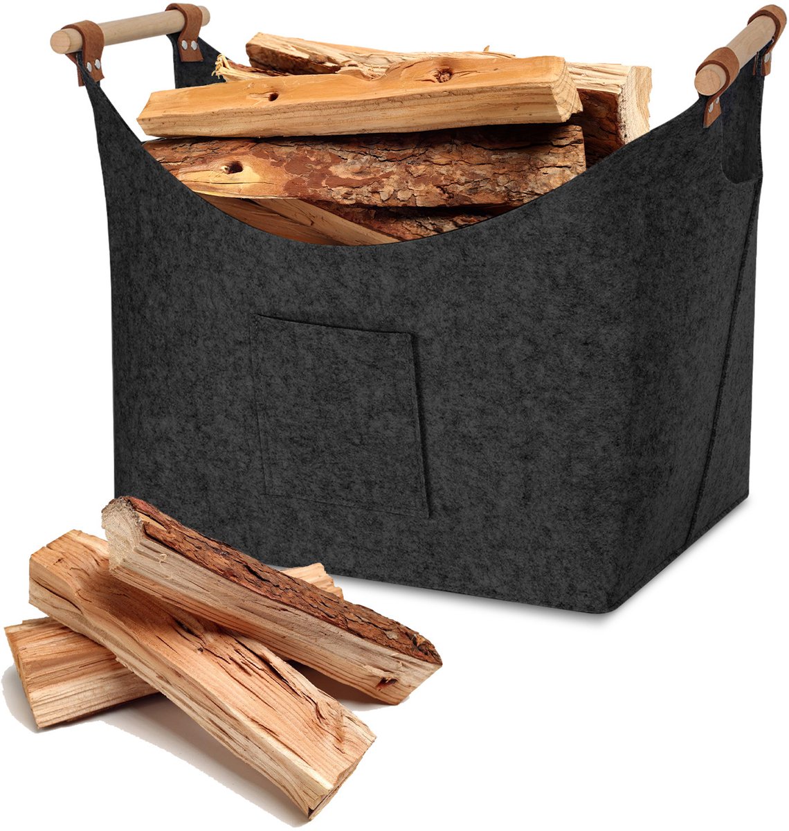 Houtmand vilt - opvouwbare Haardhout Mand - Houtmand voor binnen - 5 mm dik vilt - houten mand voor haardhout voor boodschappen, hout, krant of brandhout - Donkergrijs