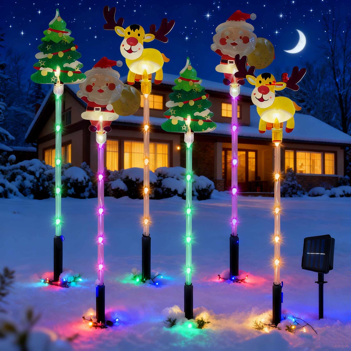 Meedeer Kerst Tuinverlichting(1 Set)- Solar Kerstverlichting LED-Kerst vloerlamp-Meerdere lichtstanden-Tuinlamp met Grondspies-6 Stuks(Eland/Santa Claus/Kerstboom )
