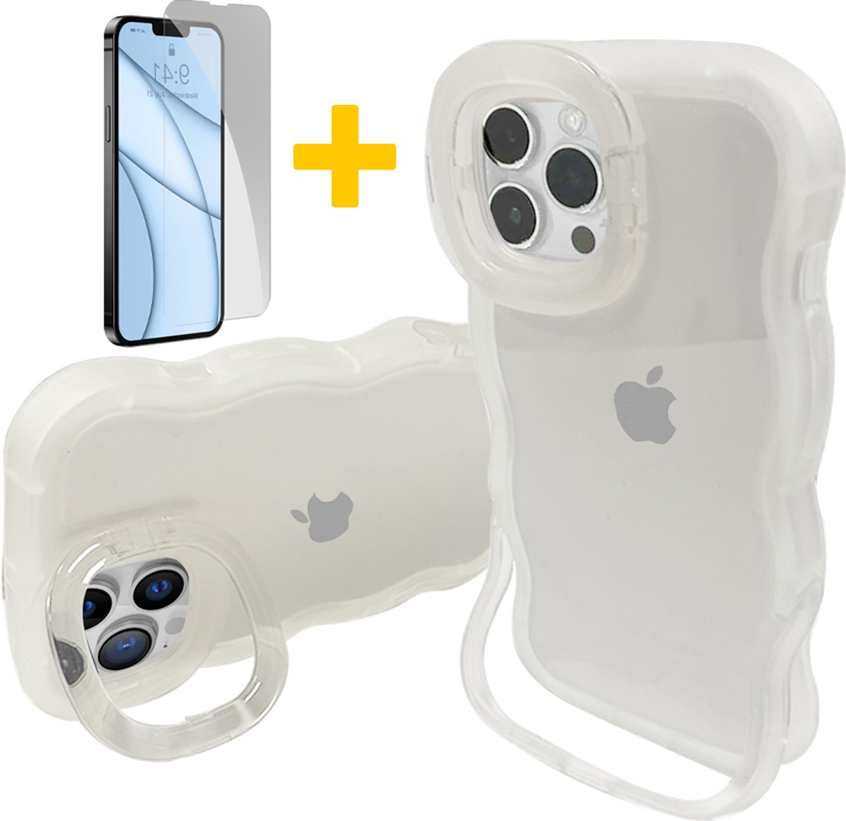 Hoesje voor iPhone 15, Dubbele Standaards Case, Wavy TPU Hose met Golfrand, Schattige Schokbestendige Hose voor Vrouwen-Transparant Design, Transparant - Screenprotector