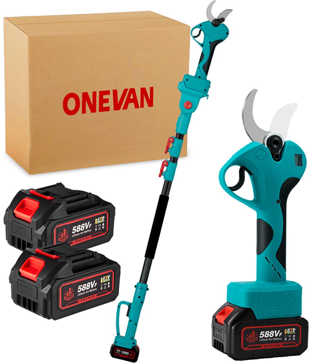 ONEVAN Elektrische Snoeischaar + Telescopische snoeisteel - 45mm Snijdiameter - 2 in 1 Telescopische Snoeischaar - 2m telescopische stee - voor boom- en tuinverzorging