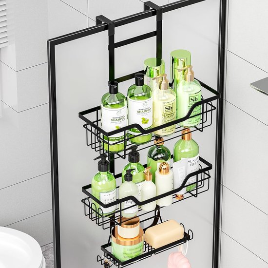 HapiRm Douchecaddy Hangende organizer - 2-laags badkamerorganizer met 360° draaibare bovenhaak en 4 haken, witte roestvrije doucheplank om op te hangen voor shampoo, conditioner en badkameropslag