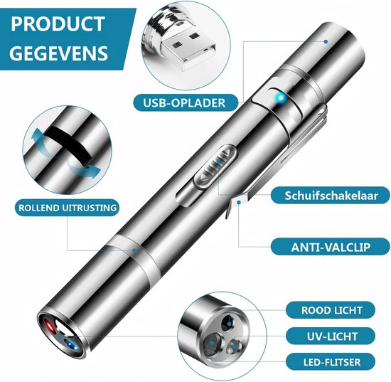 Zilveren laserpen met USB-oplader, schuifschakelaar, anti-valclip, rood licht, UV-licht en LED-flitser.