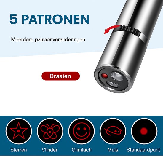 Zilveren laserpen toont 5 patronen door draaien: ster, vlinder, smiley, muis en standaardpunt.