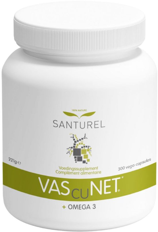 Witte pot met 300 vega-capsules, Santurel Vascunet + Omega 3. Voedingssupplement.