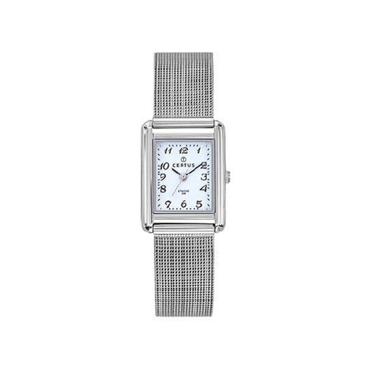 Certus-Dameshorloge-model 641377-rechthoekig-zilverkleurig-Milanese band-verstelbare band-5 atm waterdicht-afmeting 22x29 mm-duidelijke wijzerplaat-made in France