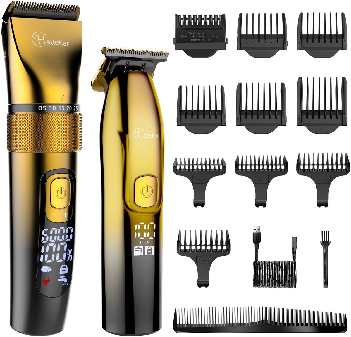 Hatteker Professionele Tondeuse Set – Haartrimmer & Baardtrimmer voor Heren – T-Blade Precisietrimmer – IPX7 Waterdicht – Goud