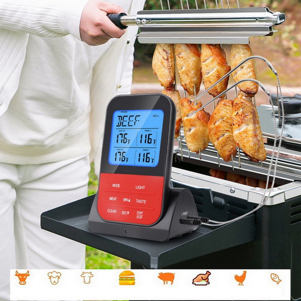 Thermometer - Grillthermometer - Draadloze vleesthermometer - Digitale bakthermometer - Magnetische thermometer met timer - LCD-scherm - Dubbele sonde - Kernthermometer - Steakoven - Tuingrill - Camping - Grillaccessoires — cadeau in Kookcadeaus - foto 7