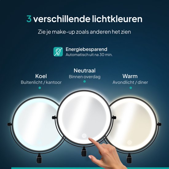 Drie Mirlux led make-up spiegels met verschillende lichtkleuren: koel, neutraal en warm.
