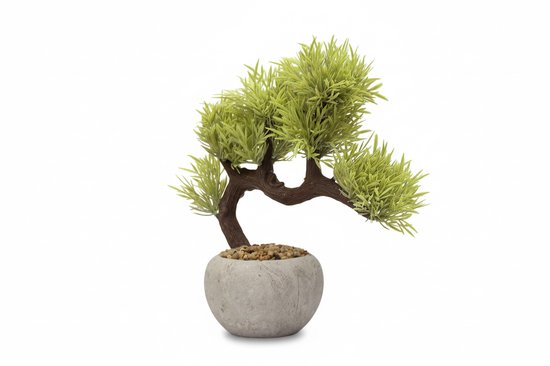 Kunstmatige bonsai boom met lichtgroene bladeren en bruine stam in een grijze pot met stenen.