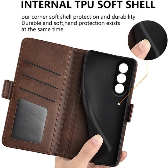 Bruine wallet book case met uitleg over TPU soft shell.