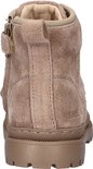 Achterkant van beige suède laarsjes met veter- en rits-sluiting, met Shoesme logo.