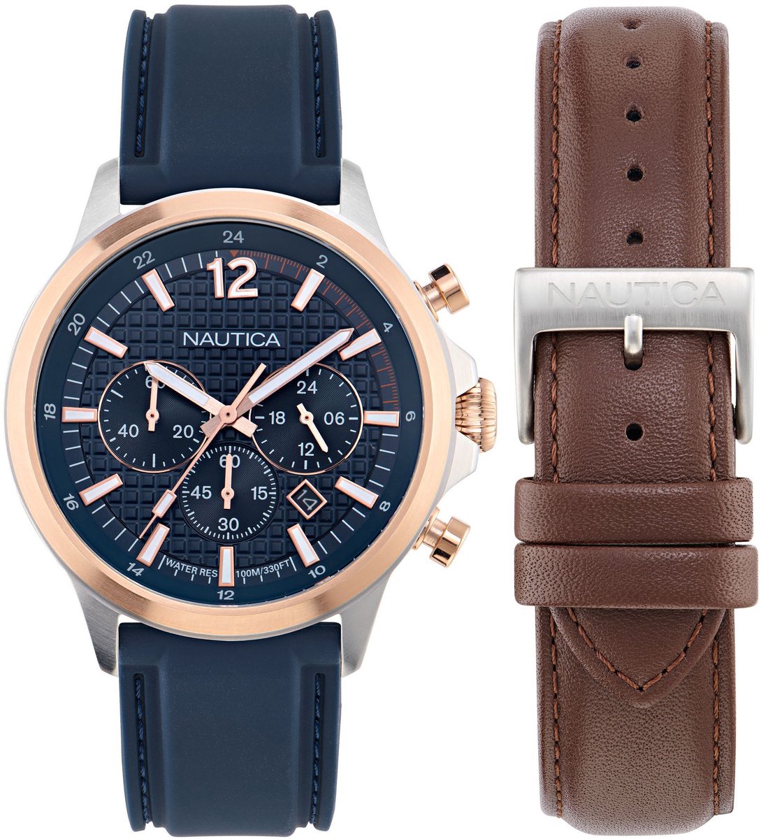 Nautica Nct Blueocean Quartz Analoog Horloge Blauw Material 100% Roestvrij Staal 100% Siliconaarmband 45 mm NAPBOF411
