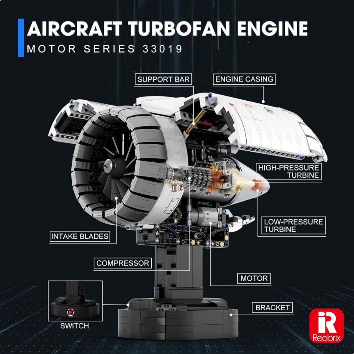 Reobrix - 33019 Vliegtuig Motor bouwset | Classic contructie modelbouw | Technische educatief speelgoed voor volwassenen | DIY creator motorisch decoratie geschikt voor Lego | Bouwdoos met 1813 bouwstenen — afbeelding 4