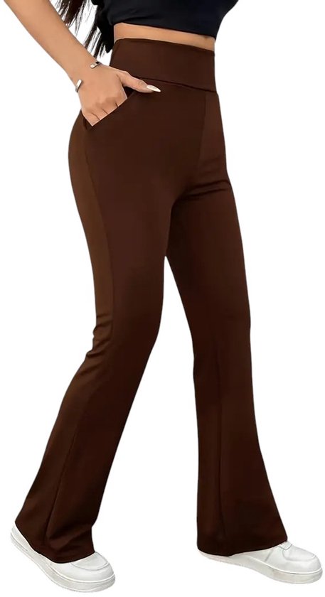 HORIZON Flared Broek met Zakken - Dames Legging - PETIT Pijplengte - Casual Flare Pants - Broek met Zakken - Stijlvol & Sportief - Rekbaar - Zachte stof - Bruin - Maat XL