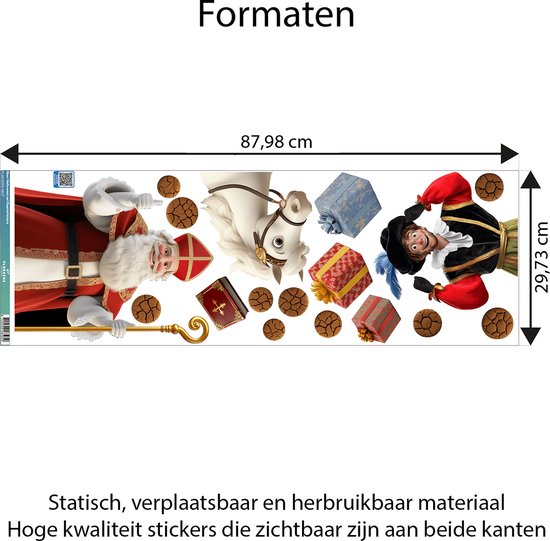 Sinterklaas, zijn paard, een Piet, cadeaus en koekjes als raamstickers. Afmetingen: 87,98 x 29,73 cm.