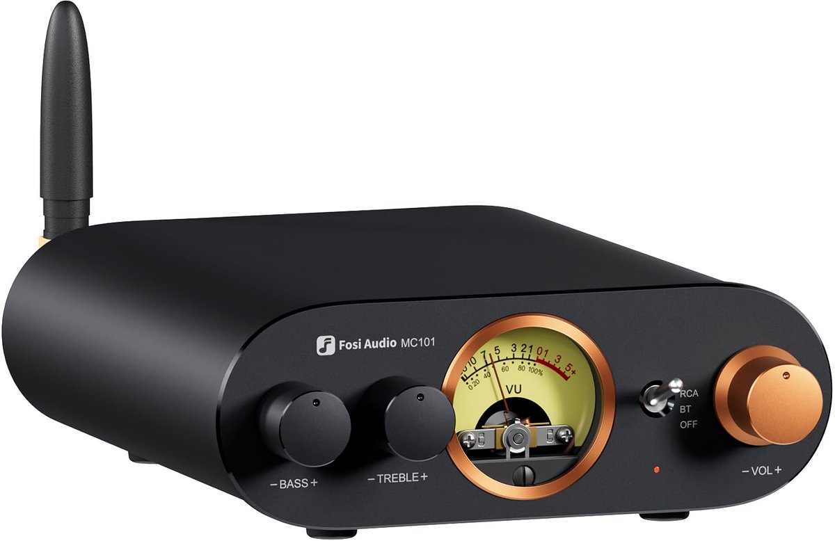 Fosi Audio MC101 – Bluetooth Stereo Versterker met VU-meter – 2×100W – RCA – Bas & Treble regeling – Aluminium