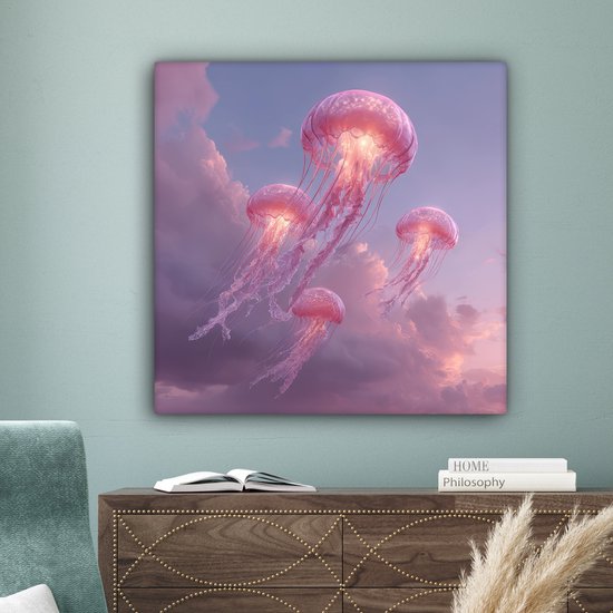 Canvas schilderij 90x90 cm - Wanddecoratie Kwallen - Roze - Wolken - Muurdecoratie woonkamer - Slaapkamer decoratie - Kamer accessoires - Schilderijen op canvas