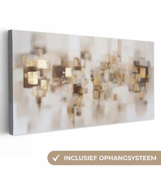 Abstract schilderij met bruine en gouden vierkanten op een witte achtergrond, met een tekstballon 'INCLUSIEF OPHANGSYSTEEM'.