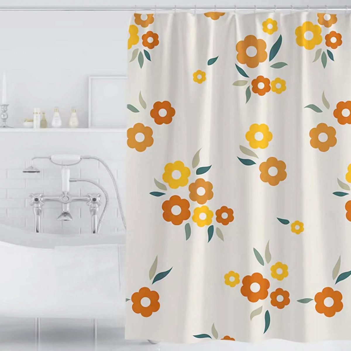 Douchegordijn 120 x 200 cm Badgordijn EVA Waterdicht Anti Schimmel Badkamergordijn met 8 Douchegordijn Haken Wasbaar Shower Curtain voor Badkamer Badkuip - Oranje bloemen