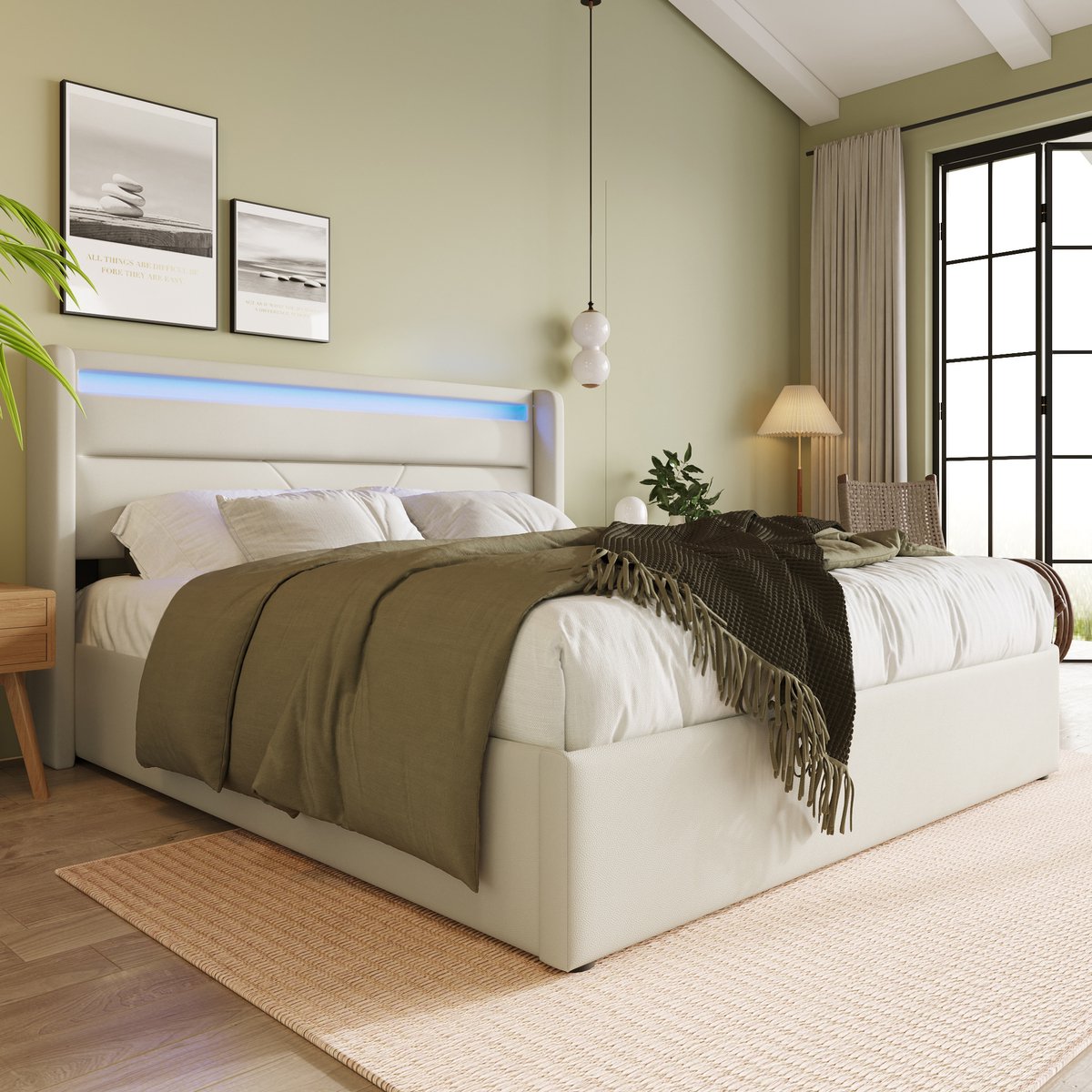 HAUSS SPOLE Gestoffeerd Bed 160x200 cm - Tweepersoonsbed met Opbergruimte en LED Verlichting - PU - Wit