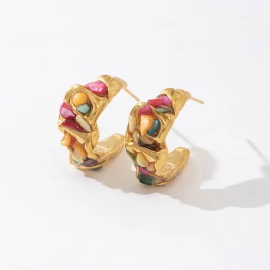 Boucles d'oreilles clous en acier inoxydable doré avec pierres précieuses Diverse – Plaqué or – 2,5 cm – The Jewellery Salon – Boucles d'oreilles tendance pour femme avec pierres colorées – Handgemaakt