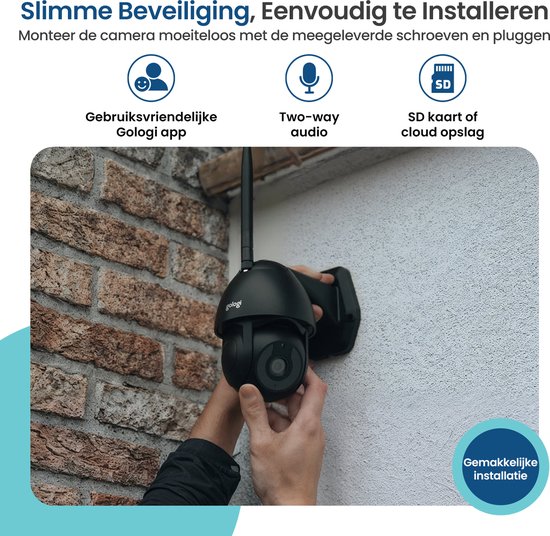 Installatie van een zwarte beveiligingscamera met schroeven en pluggen. Gologi app, two-way audio en SD-kaart opslag.