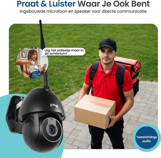 Zwarte beveiligingscamera met twee-weg audio. Bezorger met pakket. Vrouw zegt: 'Leg het pakketje maar in de achtertuin!'