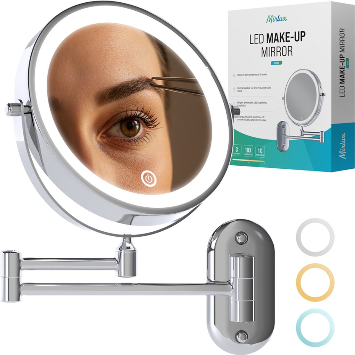 Mirlux Make Up Spiegel met Led Verlichting - Oplaadbaar - 10X Vergroting - Vergrootspiegel met Licht - Scheerspiegel - Badkamerspiegel - Chroom