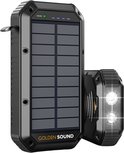 Zwarte robuuste powerbank met zonnepaneel en dubbele zaklamp. "GOLDEN SOUND" logo zichtbaar.