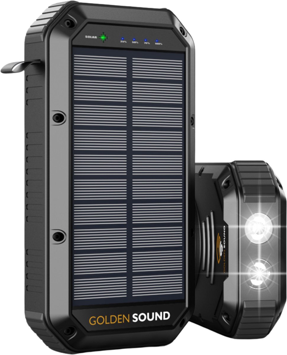 Golden Sound Solar Powerbank - Accu voor in het noodpakket - Snellader 22,5W - Powerbanks - Powerbank zonne-energie - 30.000 mAh - 4x USB-A, 1x USB-C en 1x Micro-usb - Universele Powerbank - Golden - €54,99