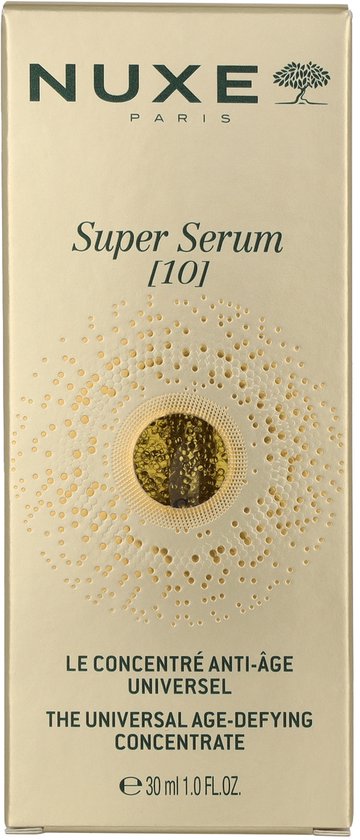 Gouden Nuxe Super Serum verpakking met reliëf textuur en merklogo.