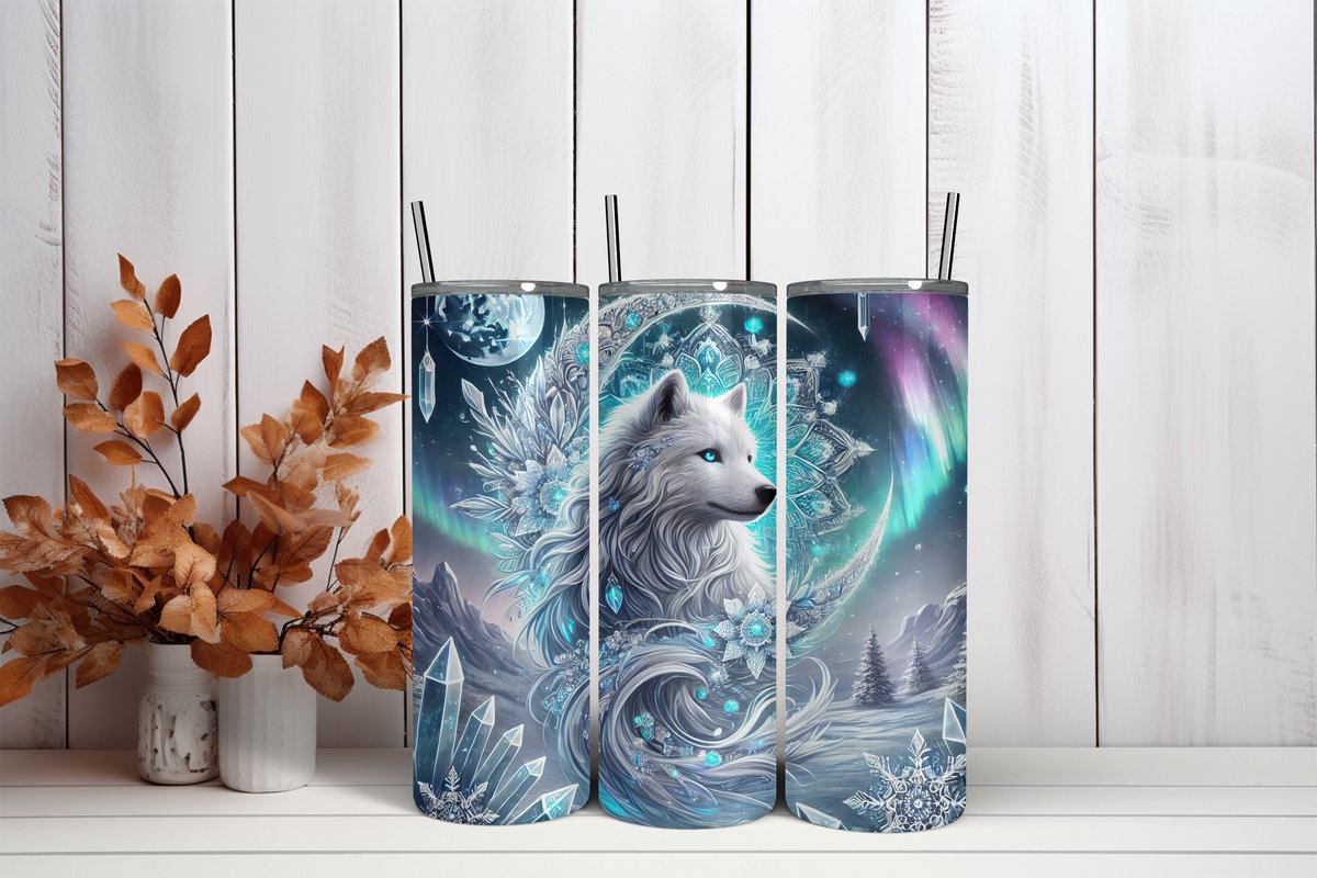 RVS Tumbler Beker 600ml – Witte Wolf & Noorderlicht – Thermosbeker met vast rietje + extra dop en los rietje - Schoolbeker - To go beker - Werkbeker - Warm en koud