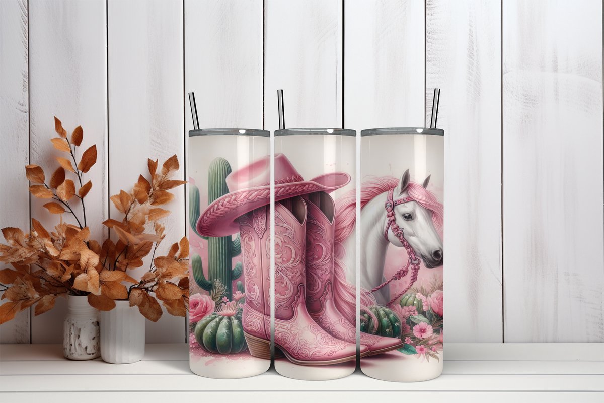 RVS Tumbler Beker 600ml – Roze Paarden & Cowboy Design – Thermosbeker met vast rietje + extra dop met los rietje - Schoolbeker - Paardenliefhebber - Werkbeker - To go beker - Anti lek - Vaatwasserbestendig - Warm en Koud