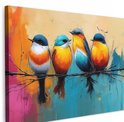 Vier kleurrijke vogels op een tak, met een abstracte achtergrond van oranje, roze, blauw en geel. De vogels zijn felgekleurd met details in het wit, oranje, blauw en zwart.