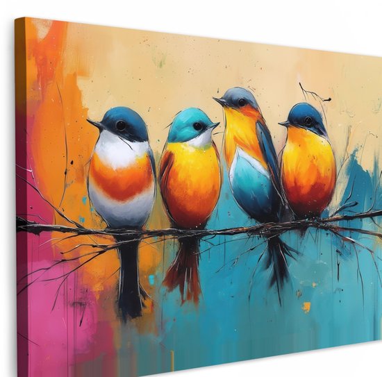 Vier kleurrijke vogels op een tak, met een abstracte achtergrond van oranje, roze, blauw en geel. De vogels zijn felgekleurd met details in het wit, oranje, blauw en zwart.