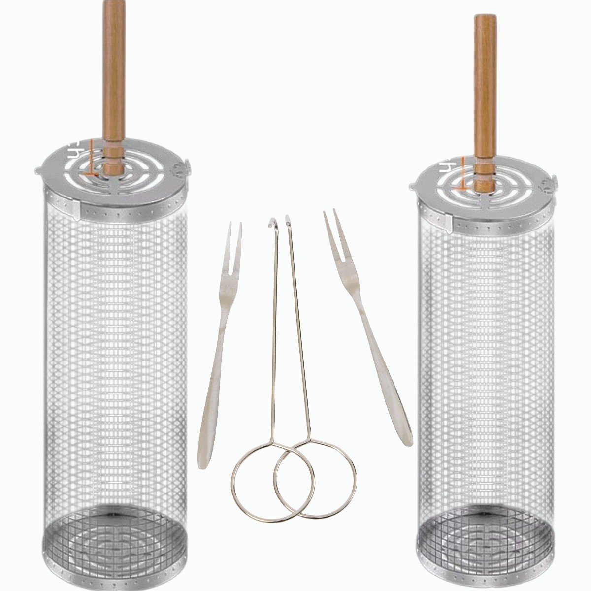 Ceruzo Grillmand Set van 2 – Rollend Grillrooster RVS – Ø30cm – BBQ Vuurkorf – Handvat