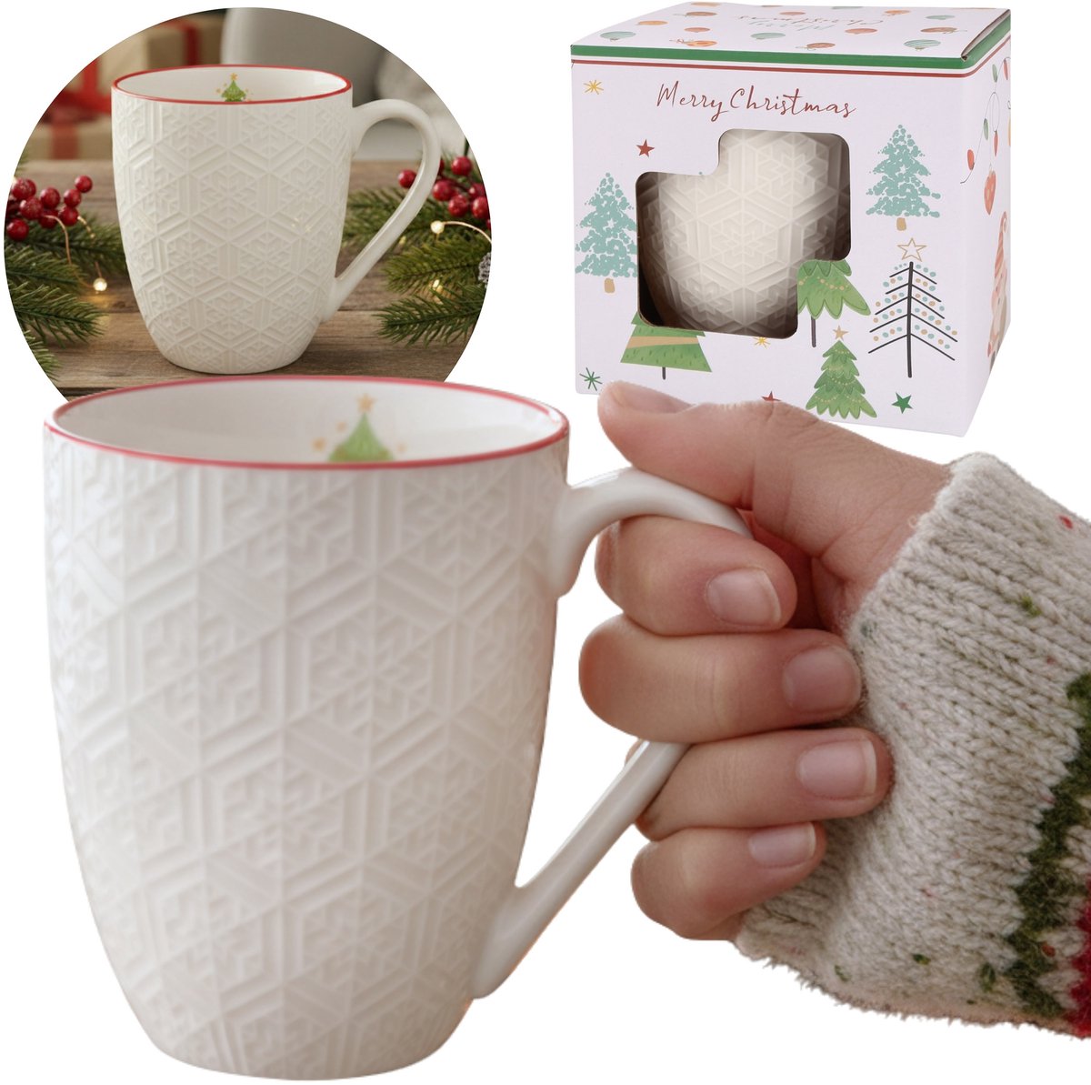 Witte, kerstmok van porselein met reliëfpatroon, kerstmotief - kerstboom - VERPAKT IN EEN CADEAUVERPAKKING 400 ml