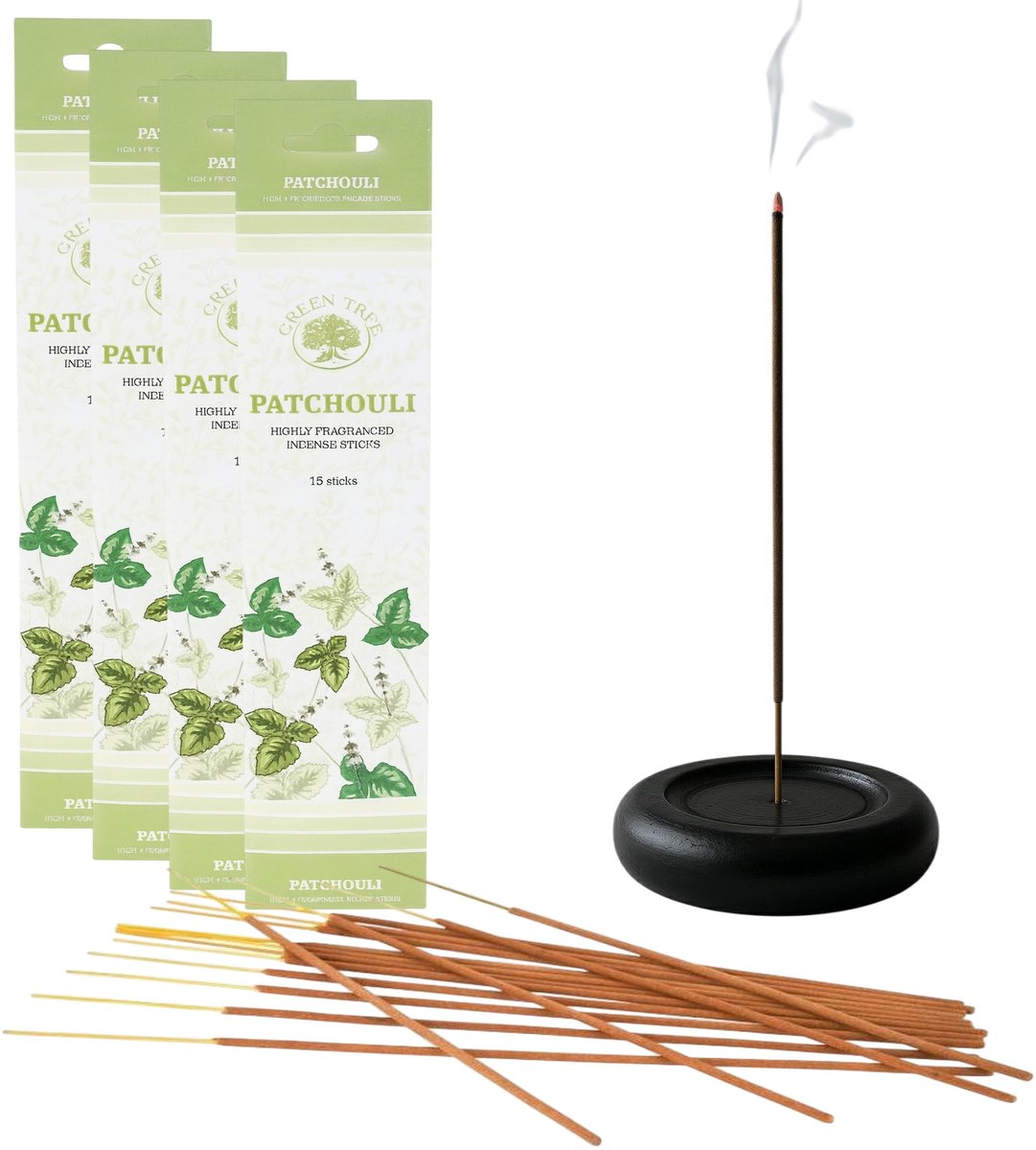 Benza Green Tree Wierookstokjes Patchouli – 4 x 15 stuks – Inclusief houten wierookhouder – Handgerold in India bruin