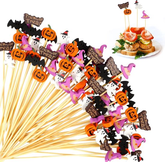 Halloween Cocktail Bamboe Spiesjes - Pompoen Spookvleermuis Tandenstokers - Fruit Eten en Drinken Decoraties - Geschikt voor Halloween Verjaardag Eten Fruit Spiesjes - 100 Stuks