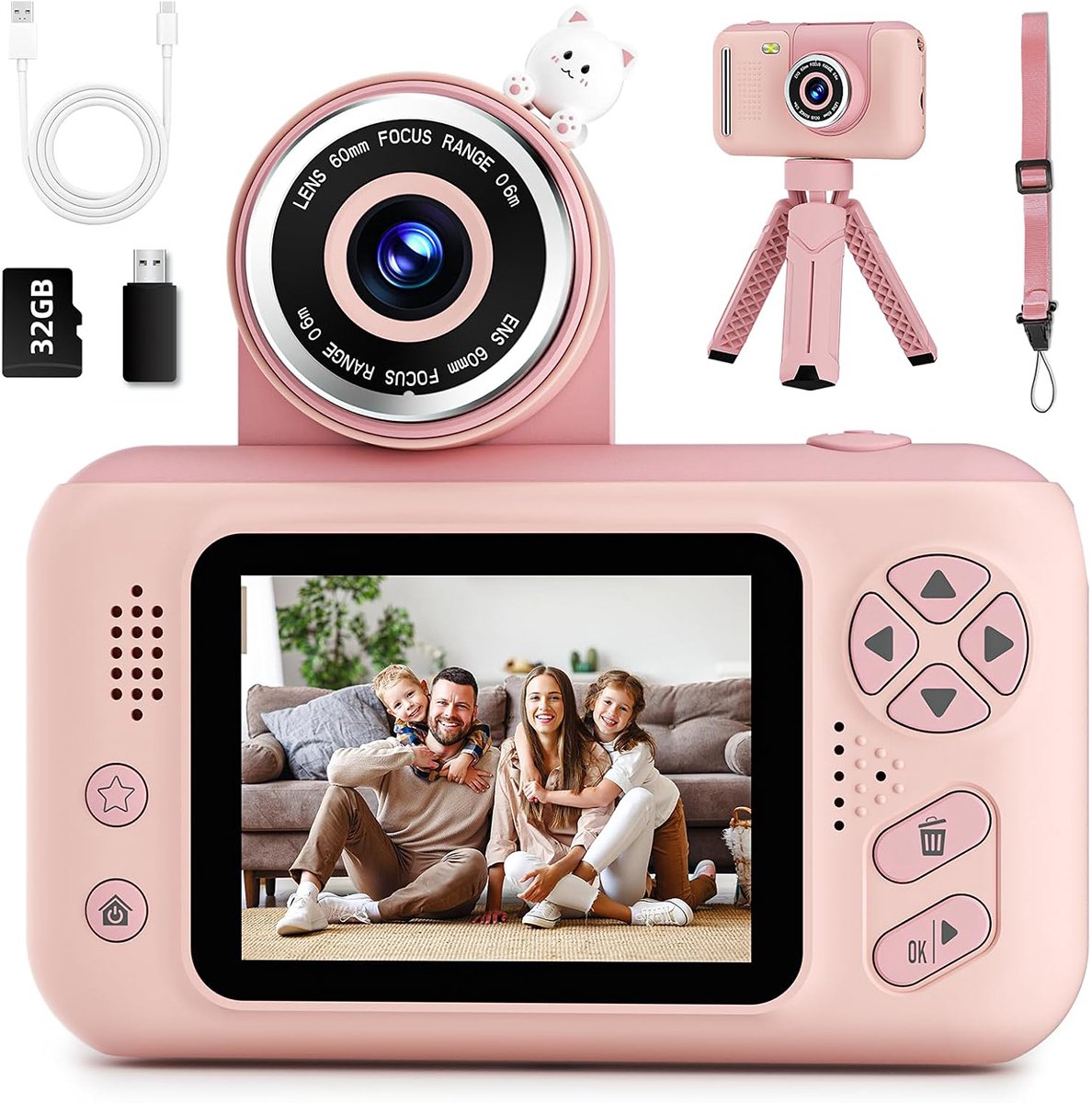 Gsedaox-Digitale Kindercamera HD 1080p-Fototoestel Voor Kinderen-32GB micro sd kaart-Roze