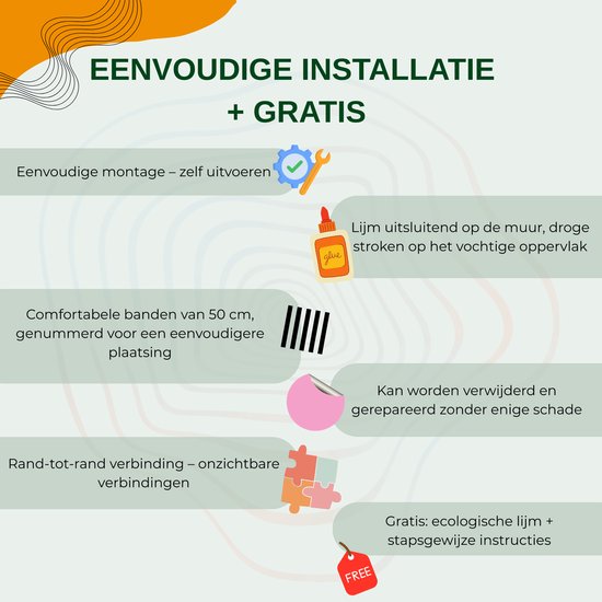 Aperçu de l'installation facile et gratuite : montage simple, bandes de 50 cm, connexion bord à bord, colle et instructions.