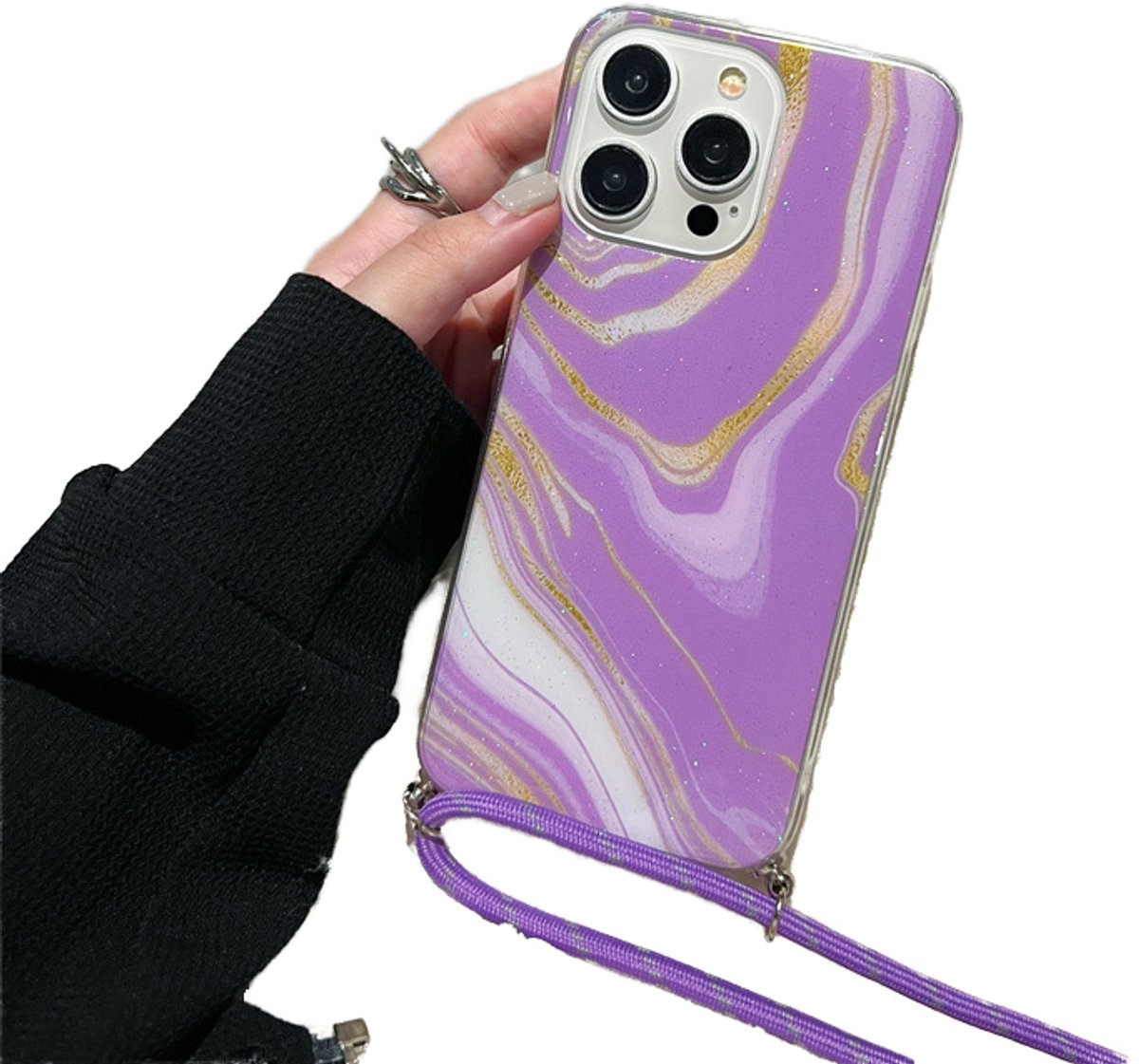Marmer Look Telefoonhoesje met Schouderkoord – Geschikt voor Apple iPhone 16 Pro Max – Luxe & Stijlvolle Bescherming - Paars
