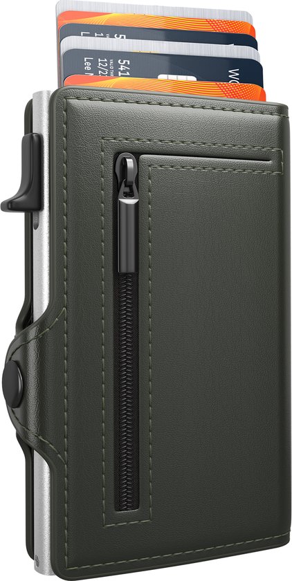 Hëndig Premium Pasjeshouder Mannen - Groen met rits - 11 pasjes + Brief- & Muntgeld RFID Creditcardhouder - Pasjeshouder Vrouwen - Pasjeshouder Uitschuifbaar - Inc. Luxe Cadeauverpakking