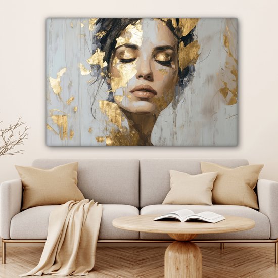 Peinture sur toile 120x80 cm - Décoration murale Gracieuse - Femme - Or - Yeux - Décoration murale salon - Décoration chambre - Accessoires chambre - Peintures sur toile