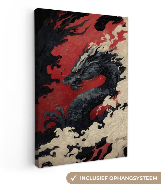 Canvasafdruk van een zwarte draak met rode accenten en witte rookwolken.