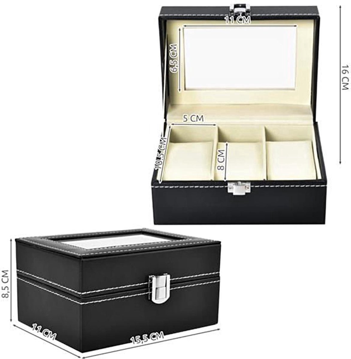 Luxe Horloge Box Geschikt voor 3 Horloges Zwart - Horloge opbergdoos - Horloge doos - Opberg box voor 3 heren en dames horloges van Heble® ***